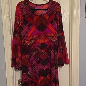 MSK Long Sleeve Dress - Red and Pink Abstract